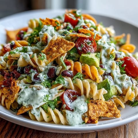 Colorful Tex-Mex pasta salad featuring cherry tomatoes, red bell pepper, and shredded cheddar, topped with crushed tortilla chips for crunch.  