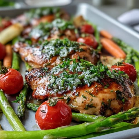 Healthy Easy Sheet Pan Chicken with Spring Veggies sizzling on a colorful tray, tender chicken nestled among crisp asparagus and bright cherry tomatoes.