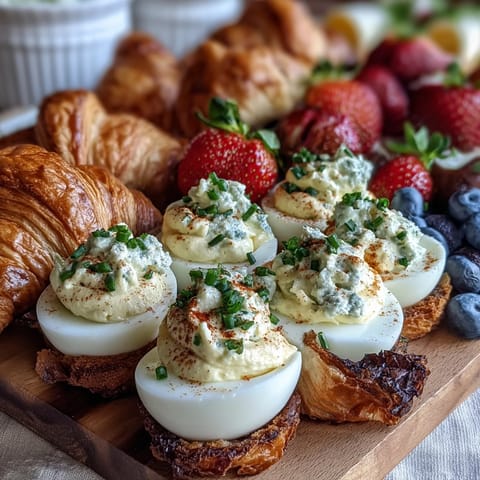 A colorful Easter brunch board with deviled eggs, fresh fruit, and assorted pastries, perfect for festive gatherings.