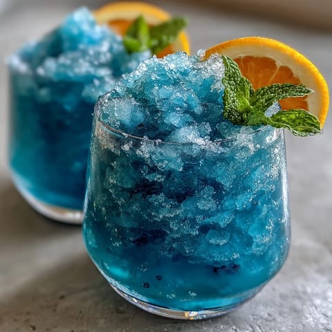 Vibrant blue raspberry lemonade slushie with icy texture, garnished with lemon slices and fresh raspberries in a chilled glass.