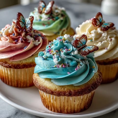 Delicate vanilla cupcakes frosted with pastel butterfly buttercream, perfect for spring celebrations.  