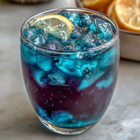 Refreshing Butterfly Pea Flower Color-Change Lemonade served over ice, featuring a mesmerizing blue-to-purple color shift for a magical summer drink.