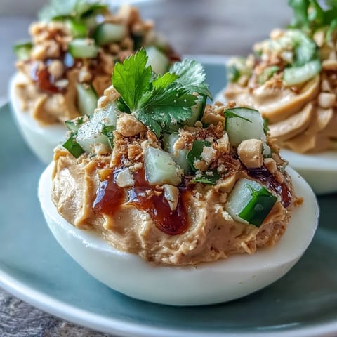 Thai Peanut Deviled Eggs with Cucumber Relish: creamy peanut-yolk filling in egg whites, garnished with fresh cucumber relish and crushed peanuts.