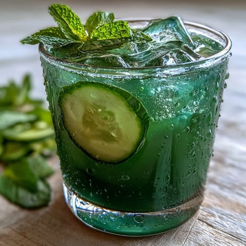 A vibrant green cucumber mint agua fresca with fresh mint leaves and lime slices, perfect for a healthy detox.