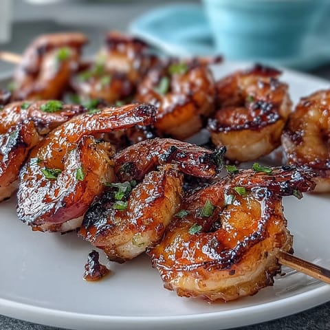 Deliciously grilled honey garlic shrimp skewers ready to be savored with lemon.