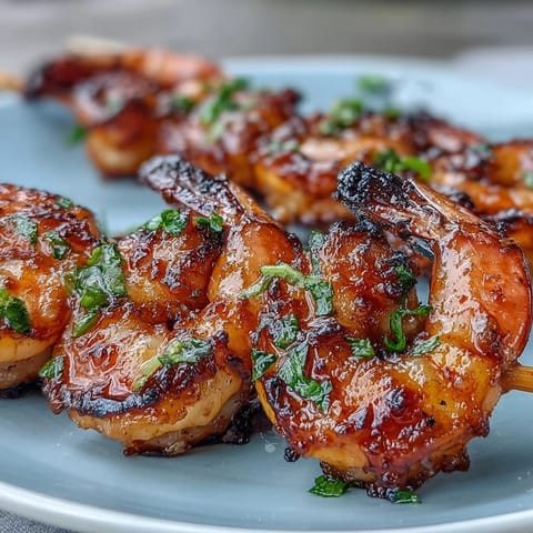 Tender grilled honey garlic shrimp skewers with a shimmering glaze, perfect for summer.