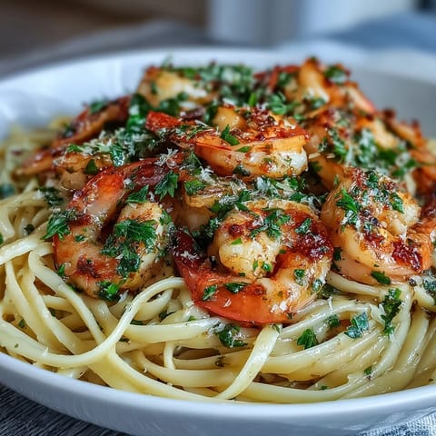 Steaming Shrimp Scampi Linguine with bright lemon and parsley, served generously.