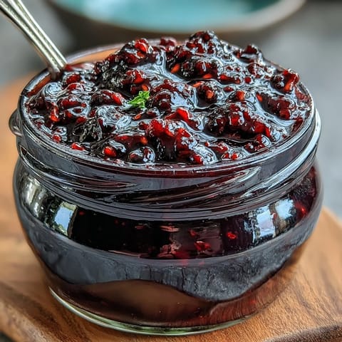Deep red Blackberry Jalapeño BBQ Sauce, perfect for dipping homemade fries.