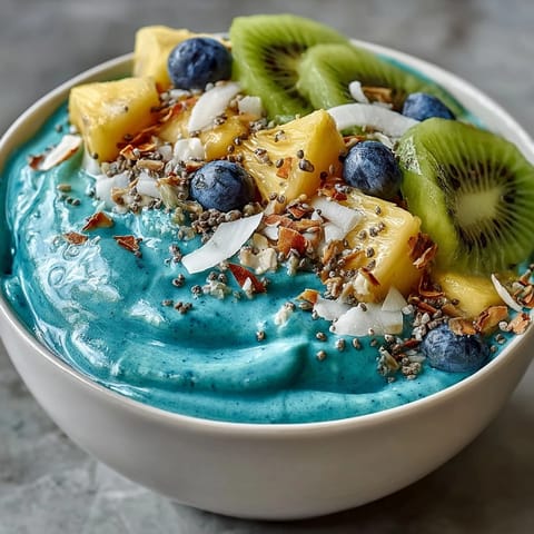 Vibrant blue spirulina smoothie bowl overflowing with luscious tropical fruit.