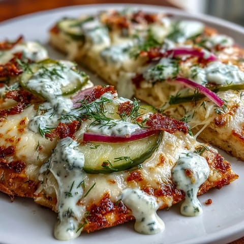 Pickle Pizza Flatbread with garlic ranch looking golden brown and inviting.