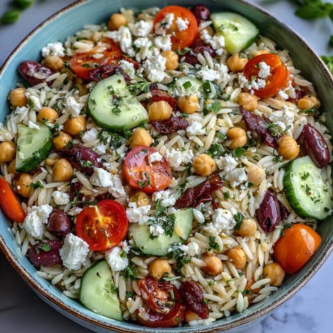 Bright Mediterranean Orzo with Chickpeas, a refreshing side dish topped with feta.