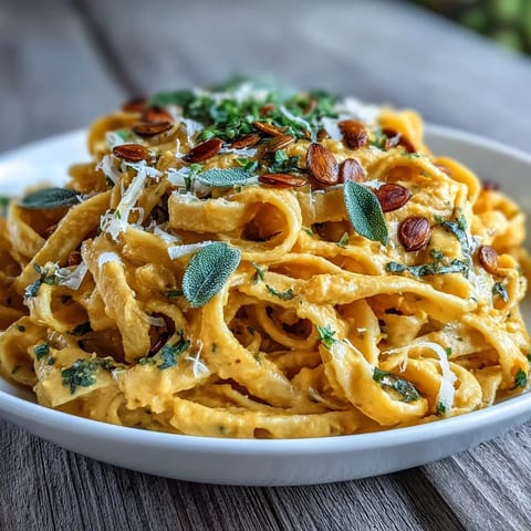 A hearty bowl of Creamy Pumpkin Sage Pasta, garnished with herbs.
