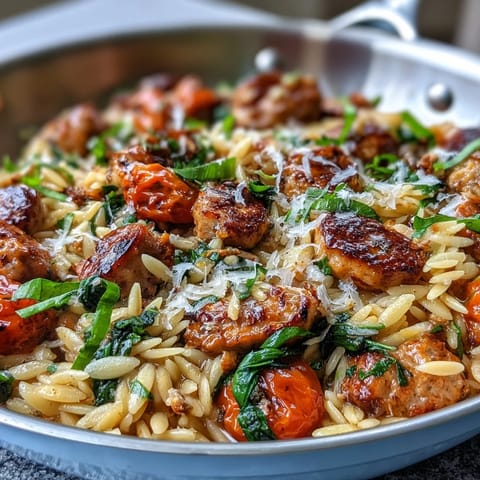 Savor this vibrant Spicy Sausage Orzo Skillet, a perfect quick weeknight comfort meal.
