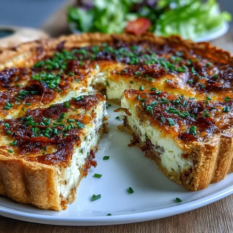 Golden Light Lorraine Quiche with a flaky crust, ready for brunch.
