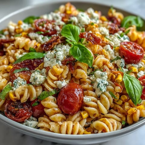 Bright summer corn and tomato pasta salad with zesty vinaigrette, perfect for picnics.