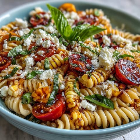 Vibrant summer corn and tomato pasta salad, a refreshing, easy side dish.