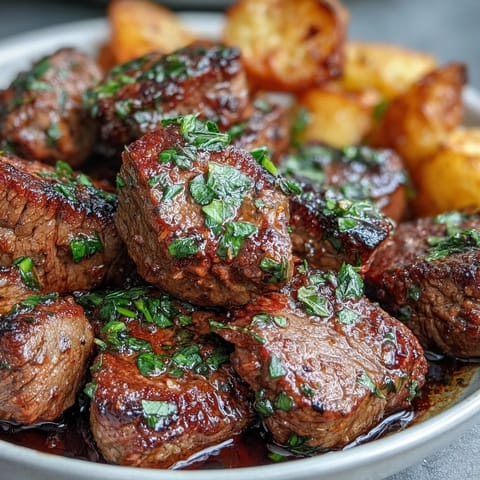 Tender steak bites and golden potatoes coated in flavorful garlic butter sauce.
