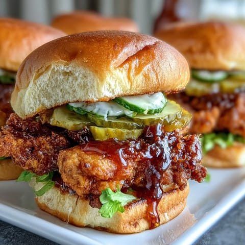 Crispy Hot Honey Chicken Sandwiches dripping with sweet heat, pickles, and brioche.