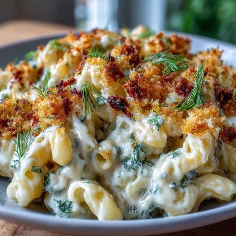 Creamy dill pickle mac and cheese with visible pickle pieces and melted cheddar.