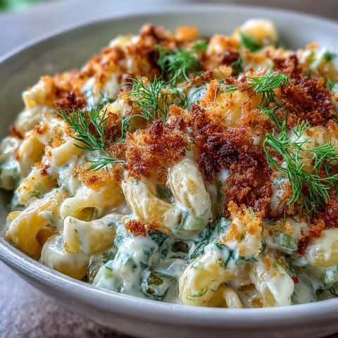 Tangy dill pickle mac and cheese, a cheesy comfort dish garnished with fresh dill.