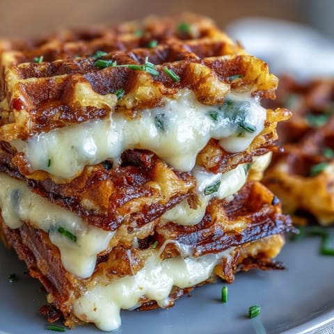 Crispy leftover mashed potato waffle melts with gooey melted cheese, perfect for brunch.