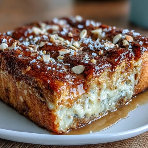 Golden Stale Croissant French Toast Casserole baked with custard and syrup.