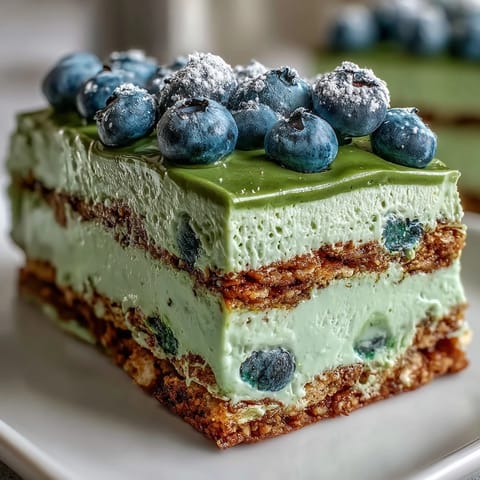 Vibrant Blueberry Matcha Icebox Cake with creamy swirls and fresh berries.