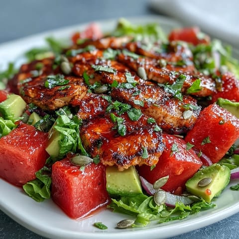 Vibrant Chili Lime Watermelon Chicken Salad with juicy watermelon and grilled chicken.