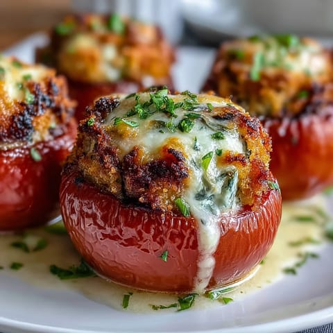 Golden baked Tuna Melt Stuffed Tomatoes bursting with creamy cheese filling.