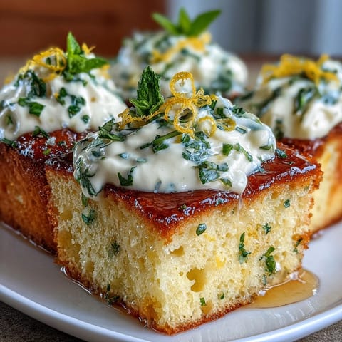 Moist lemon basil poke cake with vibrant whipped topping and fresh basil garnish.