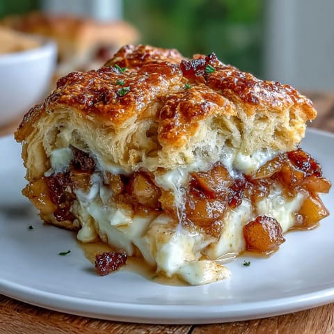 Golden baked Peach Cobbler Brie oozing warm, sweet fruit over creamy cheese.