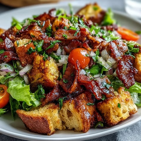 Cornbread BLT Panzanella salad overflowing with crispy bacon and juicy tomatoes.