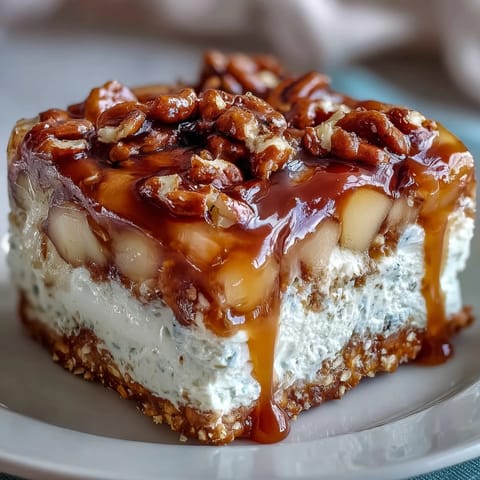 Caramel Apple Pretzel Jello Salad layered with crunchy pretzels and sweet apples.