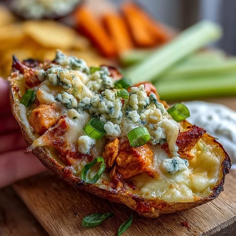 Buffalo Chicken Potato Skins Board piled high with creamy toppings and spicy chicken.
