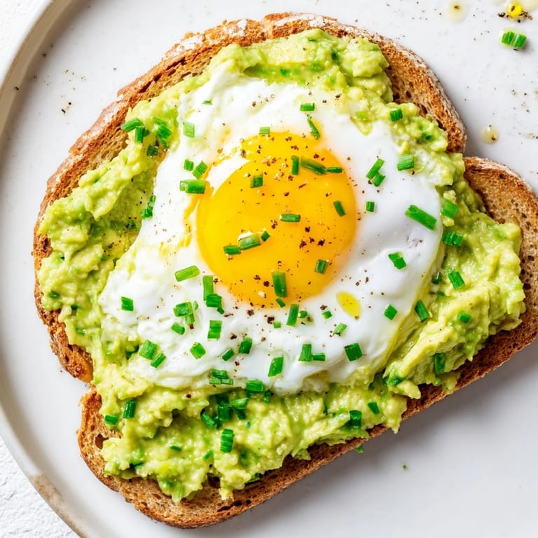 A close-up of avocado toast with a runny yolk egg, chili flakes, and olive oil drizzle.