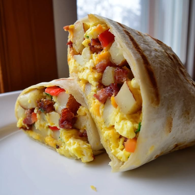 A warm breakfast burrito cut in half, revealing fluffy scrambled eggs, crispy potatoes, and melted cheddar cheese in a flour tortilla.
