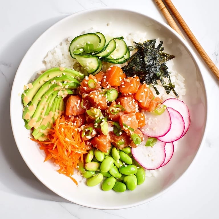Brightly colored Poke Bowl garnished with microgreens, radishes, and sesame seeds ready to serve with lime wedges.