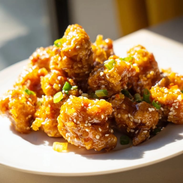 Tossing golden Orange Chicken pieces in glossy citrus sauce with green onions.