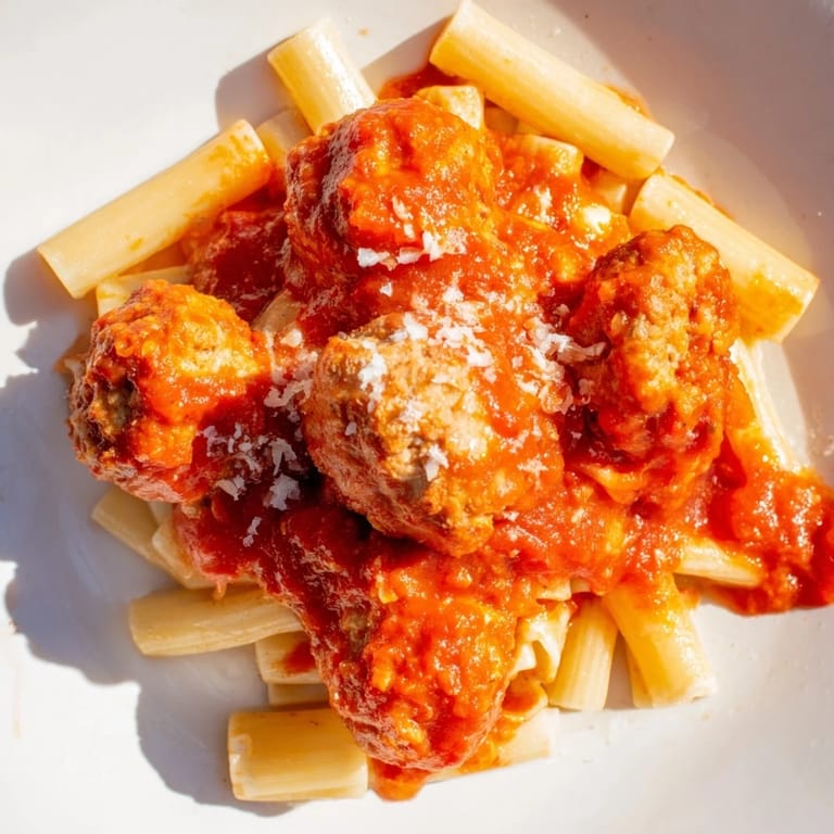 Skillet of savory turkey meatballs in marinara sauce with a side of pasta, garnished with basil for an Italian-American meal.