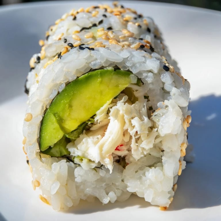 Overhead view of a homemade California Roll cut into bite-sized pieces, highlighting the nori wrap and sesame seed topping on a rustic table.