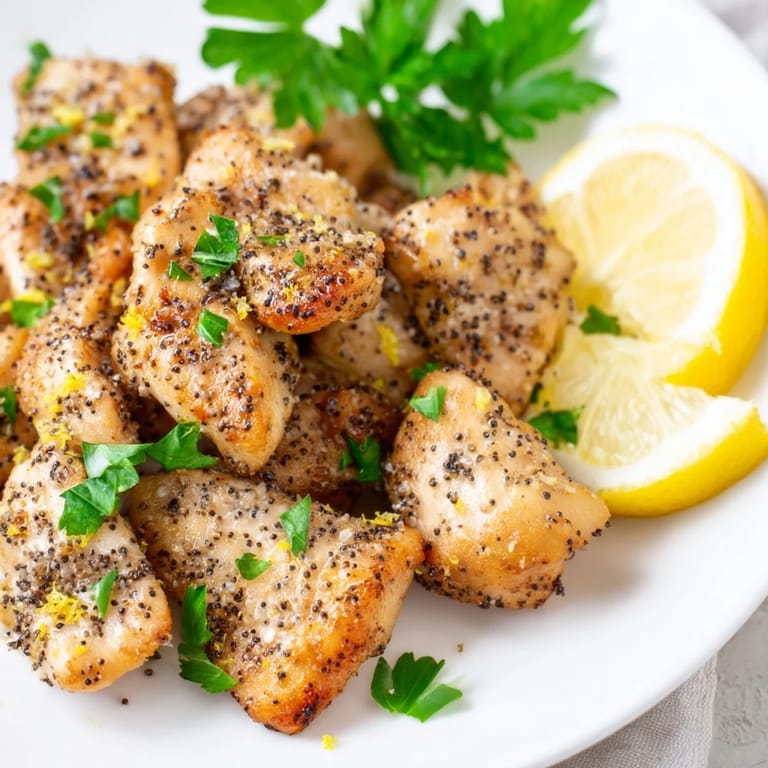 Seasoned Lemon Pepper Chicken roasted to perfection, arranged on a plate with a simple green side salad.