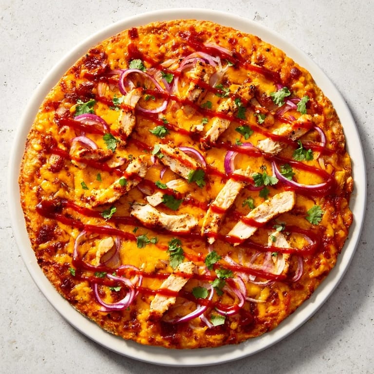 Sizzling Chicken BBQ Pizza on a wooden board, drizzled with barbecue sauce and sprinkled with fresh cilantro.