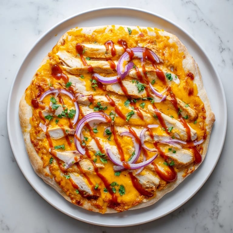 Close-up of a cheesy slice of Chicken BBQ Pizza being lifted, revealing smoky barbecue sauce and tender chicken.