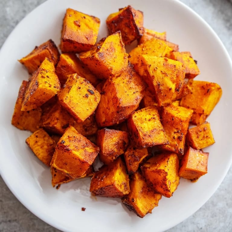 A close-up view of tender Roasted Sweet Potatoes, showcasing their golden texture and savory spice coating.