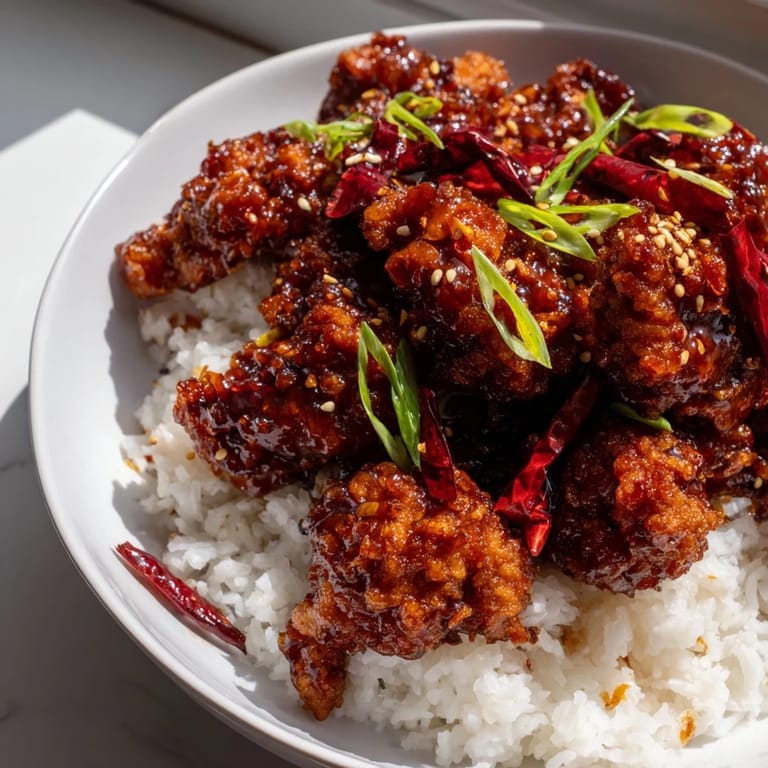 Homemade General Tsos Chicken featuring crunchy fried chicken thighs coated in a mildly spicy, savory sauce, perfect for a family dinner.