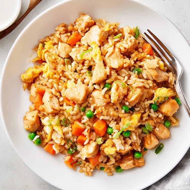A large skillet holds steaming hot jasmine rice mixed with tender chicken, vibrant green peas, and sliced scallions, ready to serve as Chicken Fried Rice.