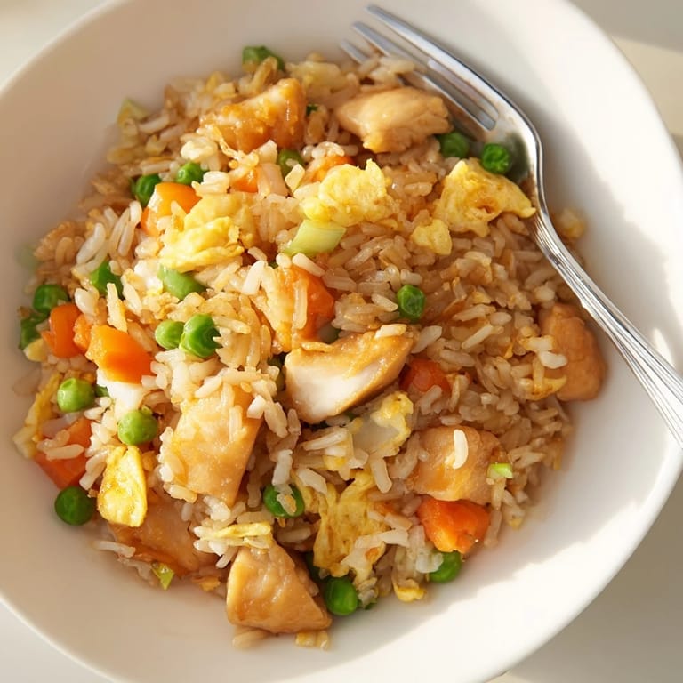 Close-up of a fork lifting a bite of homemade Chicken Fried Rice, showcasing fluffy grains, savory chicken, and colorful diced vegetables for a quick dinner.