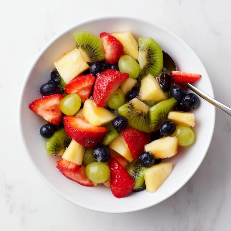 Freshly prepared Fruit Salad sits on a white platter, ready for a summer picnic.