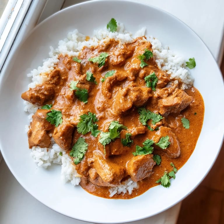 Homemade Chicken Tikka Masala featuring golden marinated chicken pieces simmered in rich, spiced tomato cream.