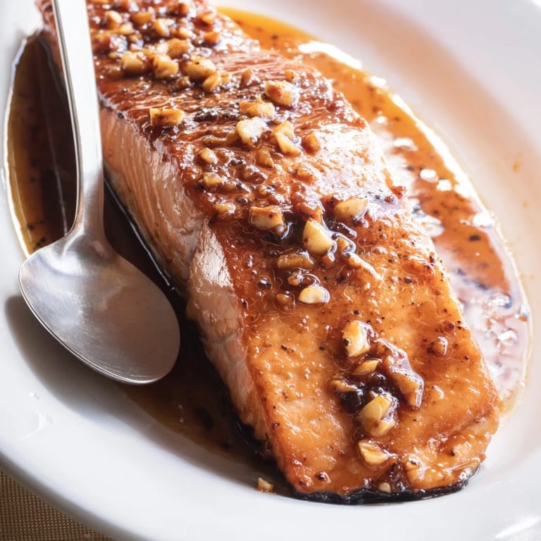 A close-up of Honey Garlic Salmon with minced garlic and sesame seeds, showing the perfectly flaky texture and glossy sauce coating the fish.